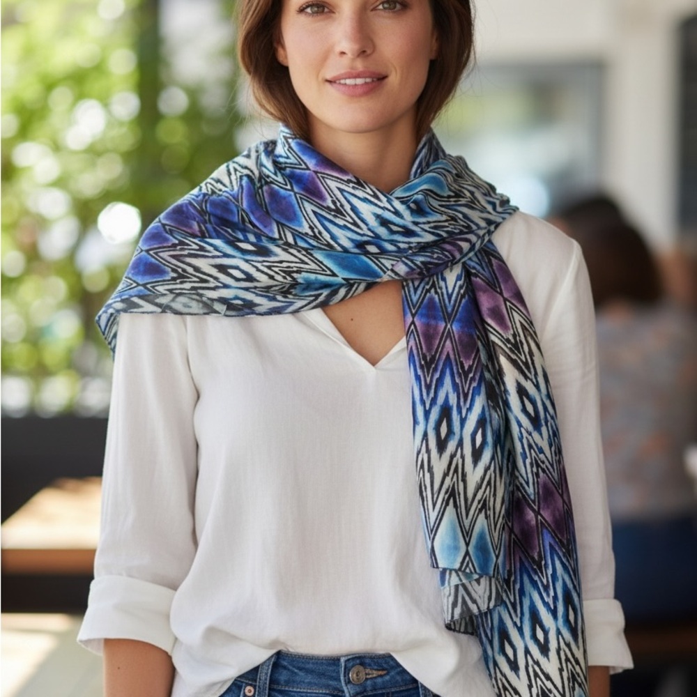 $360 Missoni Square Silk Vibrant Blue and Purple Zigzag Scarf